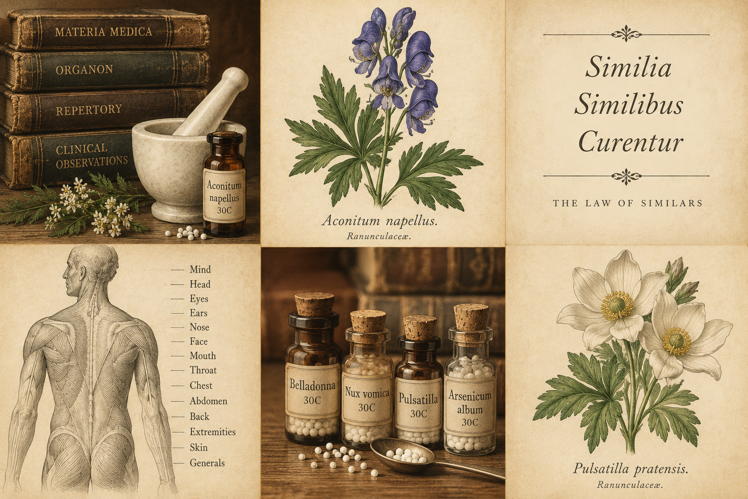 A vintage collage of historical homeopathic texts including Materia Medica, Organon and Repertory, botanical illustrations of Aconitum napellus and Pulsatilla pratensis, remedy bottles of Belladonna, Nux vomica, Pulsatilla and Arsenicum album, an anatomical diagram, and the Latin motto Similia Similibus Curentur — the Law of Similars